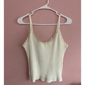 Topshop Lace Trim V Neck White Crop Cami Ribbed Top Size 12 Large Romantic NWT